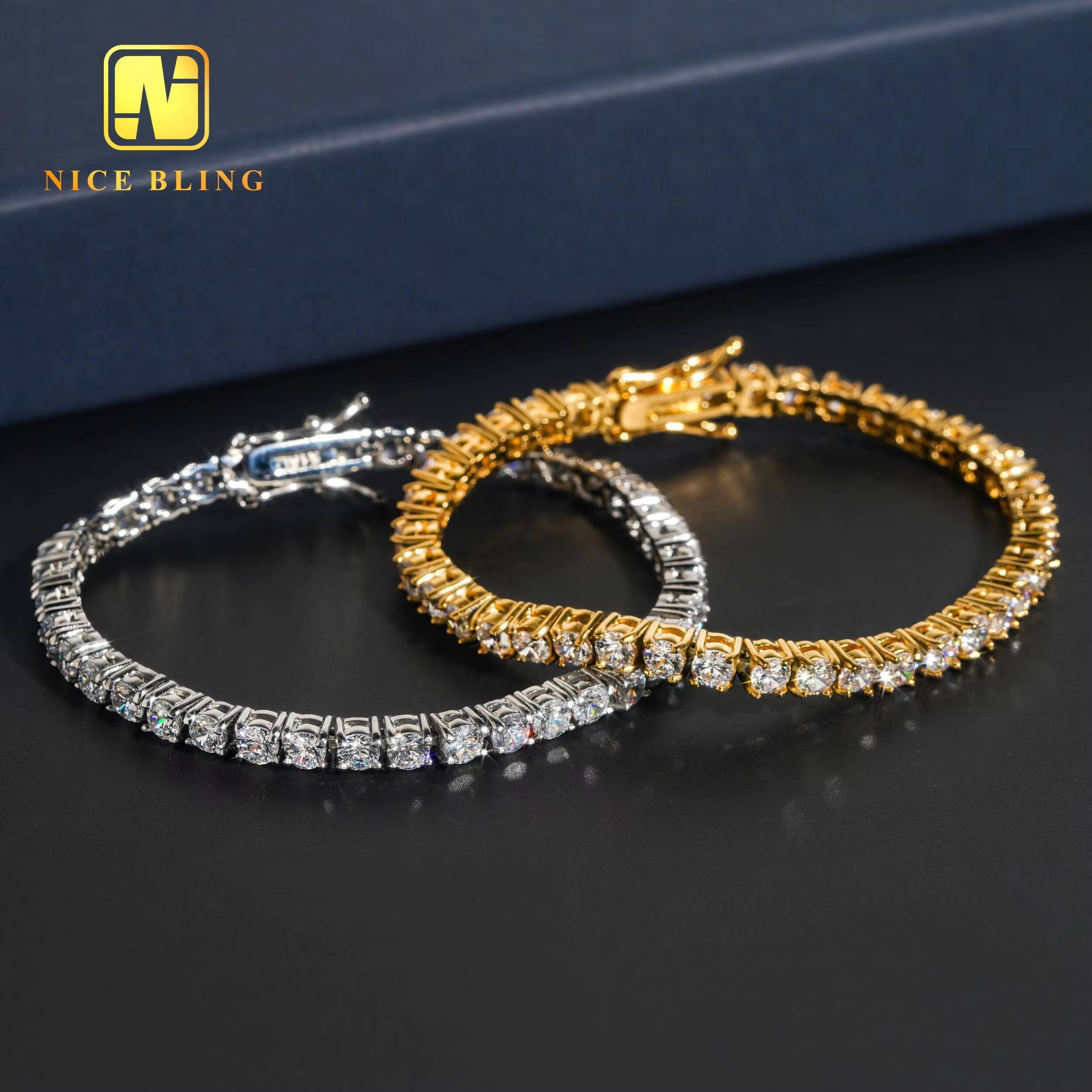 Wholesale Price 18k Gold Plated Hip Hop Jewelry 316l Stainless Steel Tennis Chain 4mm 5a Moissanite Diamond Tennis Necklaces Bracelets