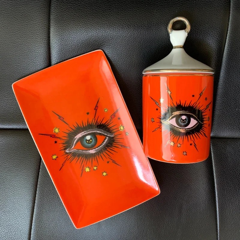 Creative Ceramic Handmade Big Eye Plate and Candle Holder Jar Makeup Jewelry Storage Tray Fruit Candy Dish Trays Decorative Art