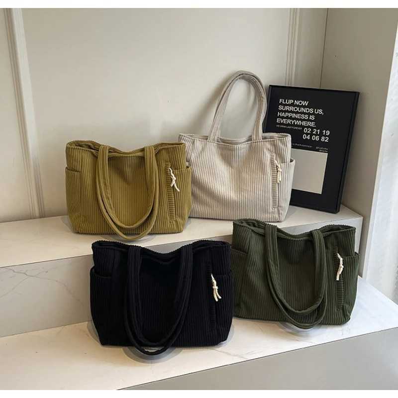 Casual Corduroy Handbag with Zipper Closure Light and Large Capacity Fixed Shoulder Strap Solid Color Daily Commuter HandbagW251028