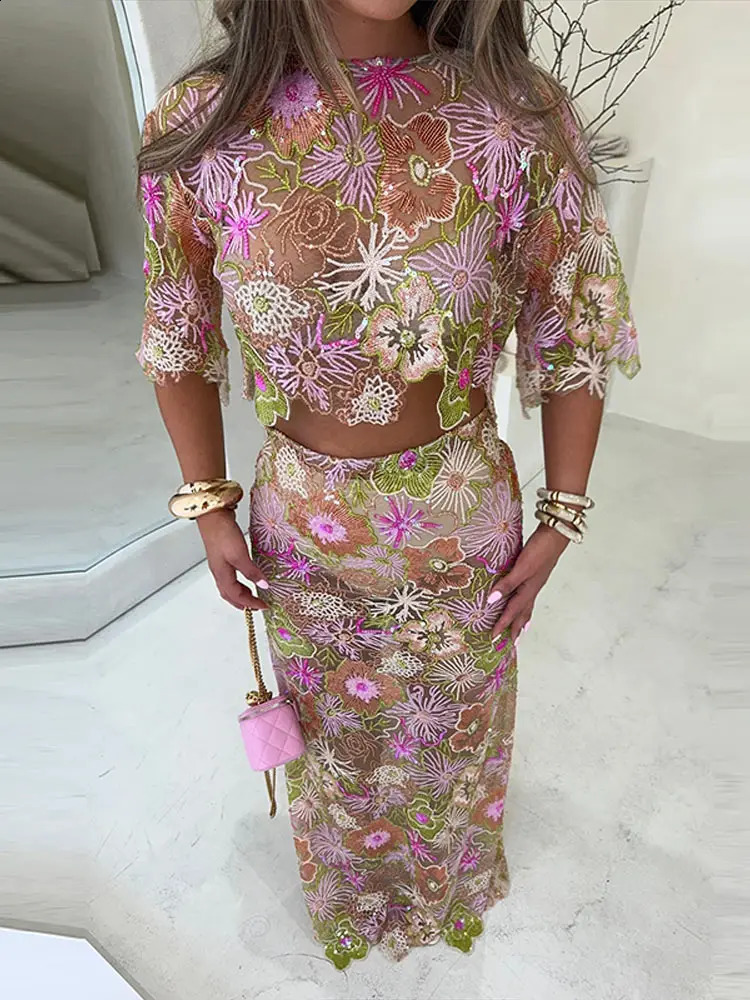 Retro Embroidered Sequins Top Long Skirt Set Lady Sexy Irregular Short Tops Perspective Beads Skirts Sets Women 2025 Chic Street 251028