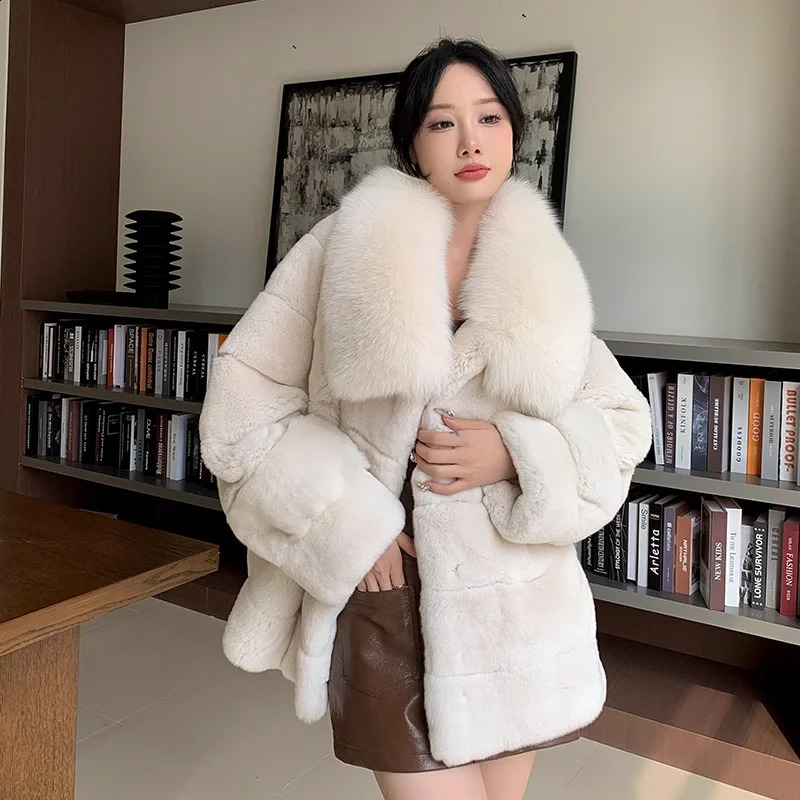 Womens Long Rex Rabbit Fur Coat Natural Full Pelt Jacket with Real Fox Fur Collar Fashionable Winter Outerwear 251027