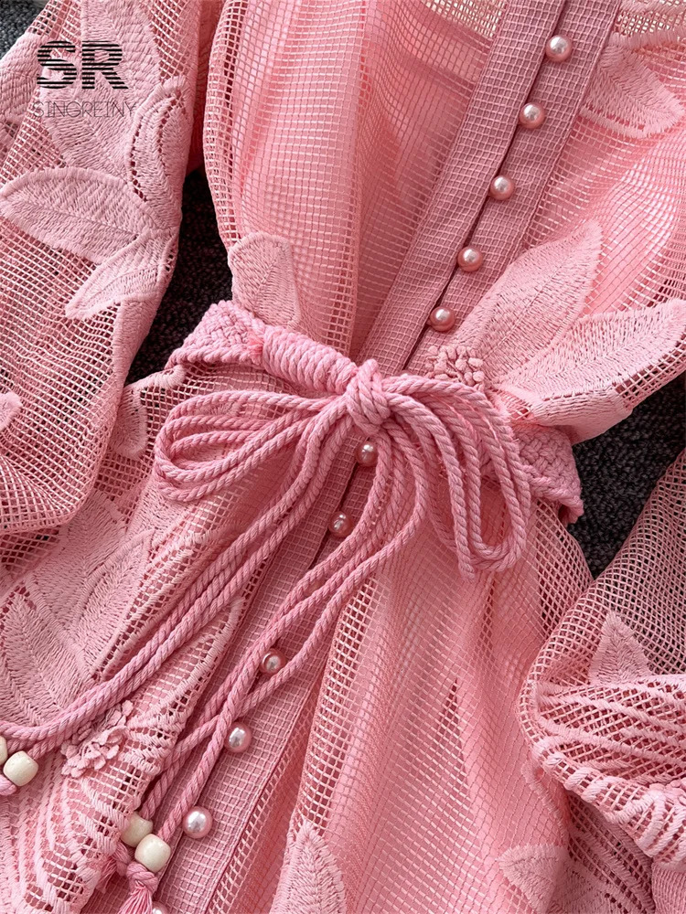 SINGREINY Women Elegant Floral Emboridery Dress Hollow Out Long Sleeve Single Breasted Belt French Court Chic Short A Line Dress 251027