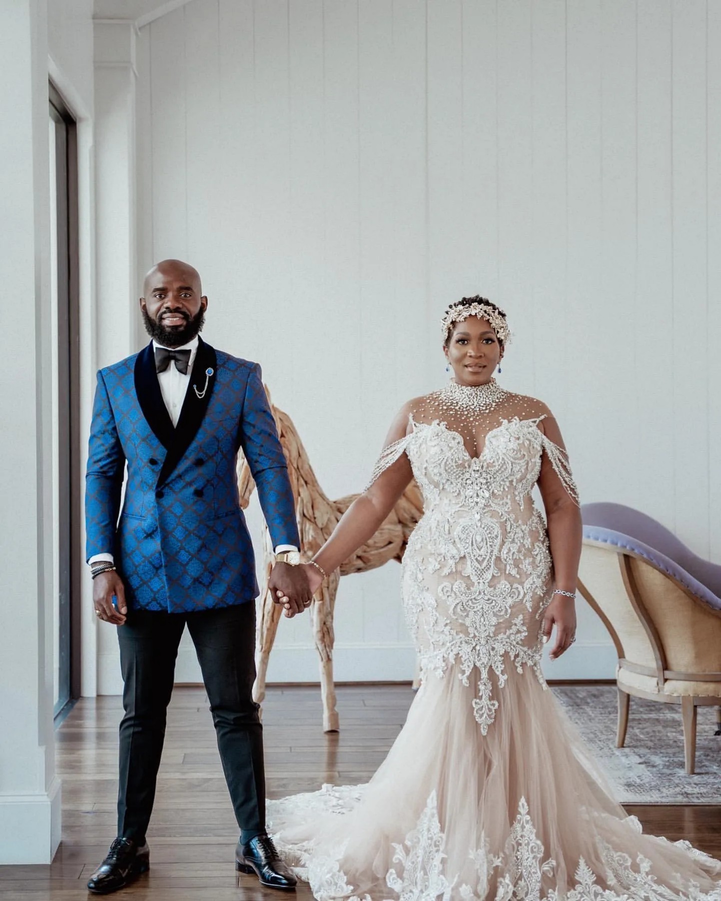 Aso Ebi Arabic Plus Size Mermaid Bridal Gown in Champagne with Full Lace Crystals Detachable Train and Illusion Design