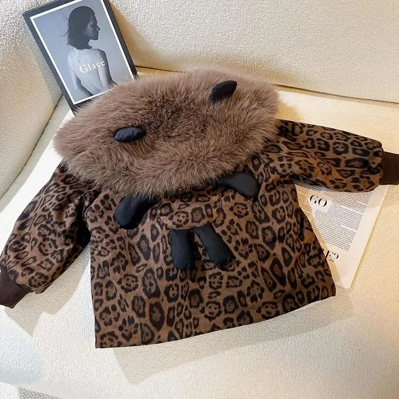 Babys Winter Korean Version Childrens Jacket Girls Leopard Print Plus Velvet Thick Coat Stylish Fur Collar Velvet Coat 251023
