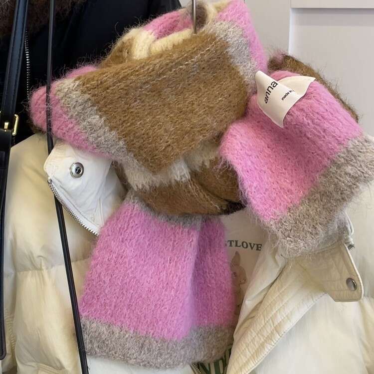 Mohair Scarf Peach Pink Striped Color Block Thickened Warm Autumn Winter Korean New Style Student Unisex