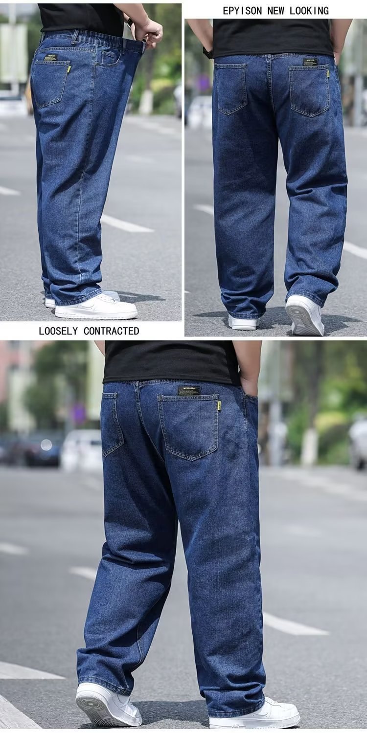 Men's Jeans Straight - Relaxed Large-sized Chubby Deep-groin Durable Straight-through Loose Elastic Force Denim Fit With Great Drape Tummy & Slim