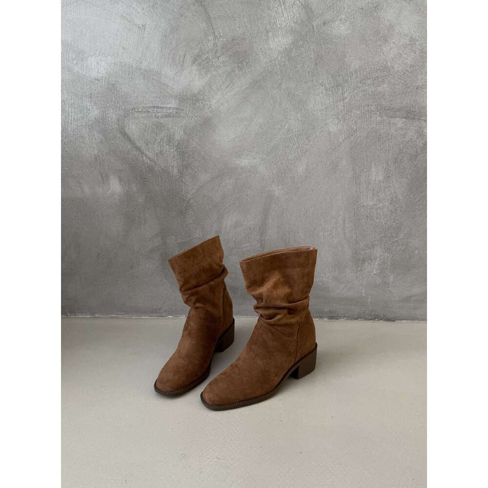 2025 Autumn Winter New Korean Style Boots - Women's Designer Frosted Leather Chunky Mid-Heel, Comfortable Slouchy Short Fashion Boots