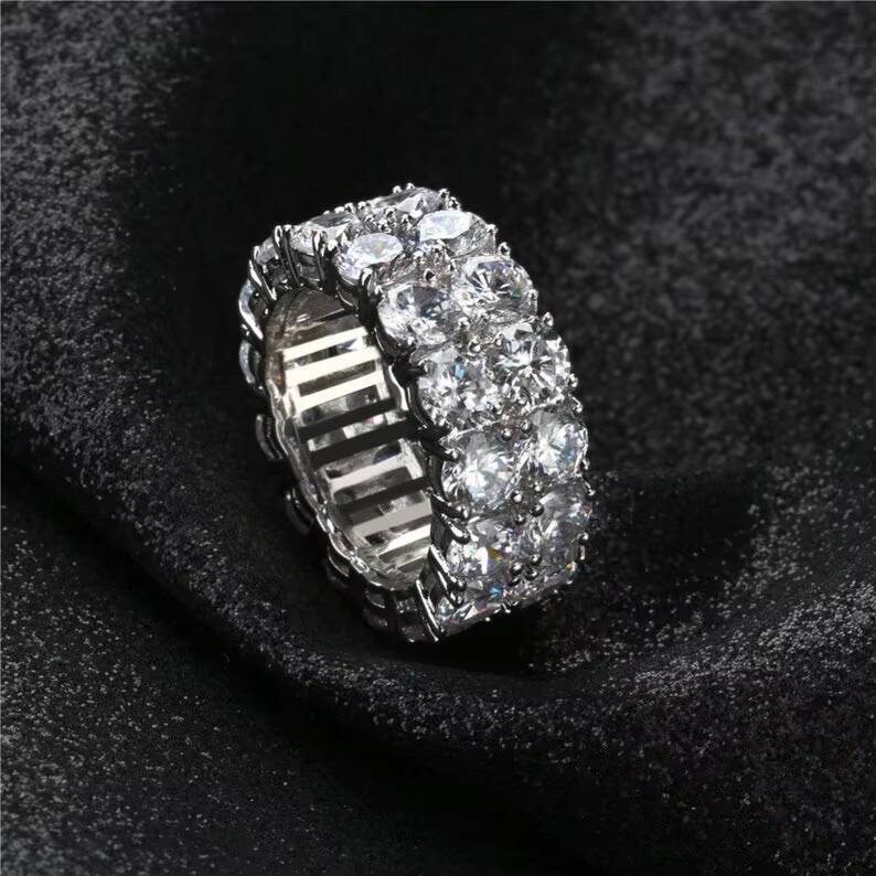 Iced Out 2 Row Ring Sterling Silver 925 D Color VVS Moissanite Round Cutting Charm Round Ring Moissanite Hip Hop Jewelry Ring