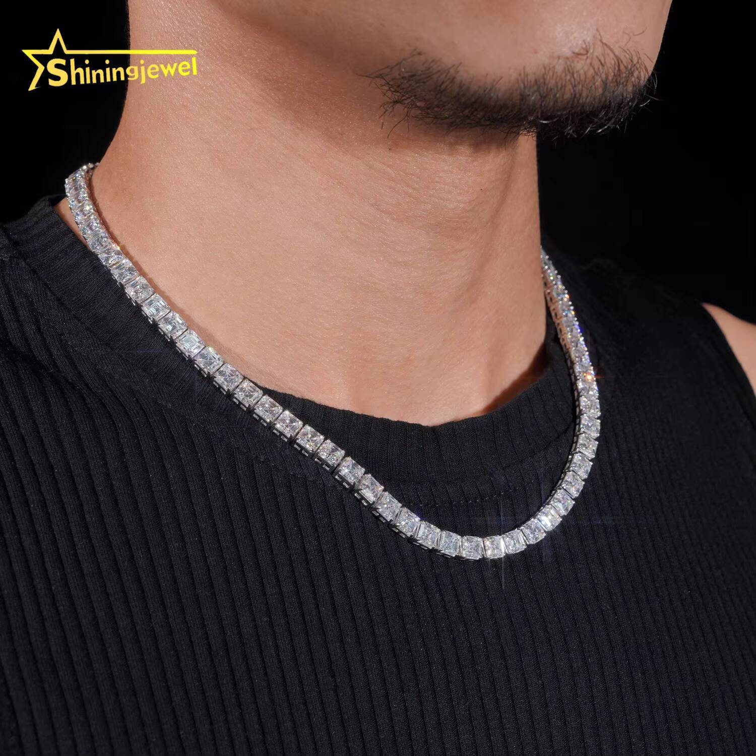 Wholesale Hip Hop Jewelry 925 Sterling Silver Fashion Necklace VVS Asscher Cut Diamond Iced Out Moissanite Tennis Chain Necklace
