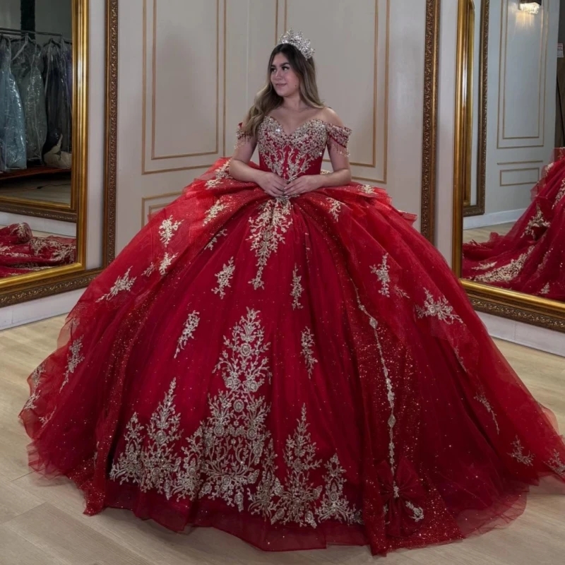 Red Shiny Quinceanera Dresses Off The Shoulder Applique Lace Bow Beading Crystal Tull Party Birthday Sweet 16 Dress Vestidos 15 Anos