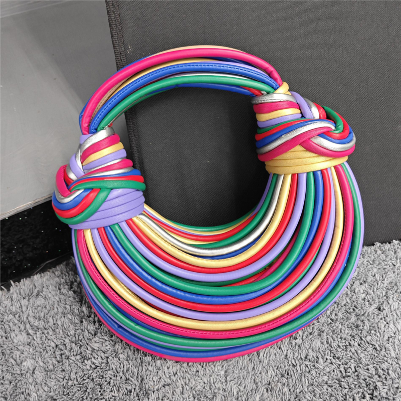 Designer Handwoven Knotted Noodle-Strap Long Shoulder Strap Wristlet Bag - Light Luxury Compact Lightweight Handwoven Knot Design Wristlet with Adjust