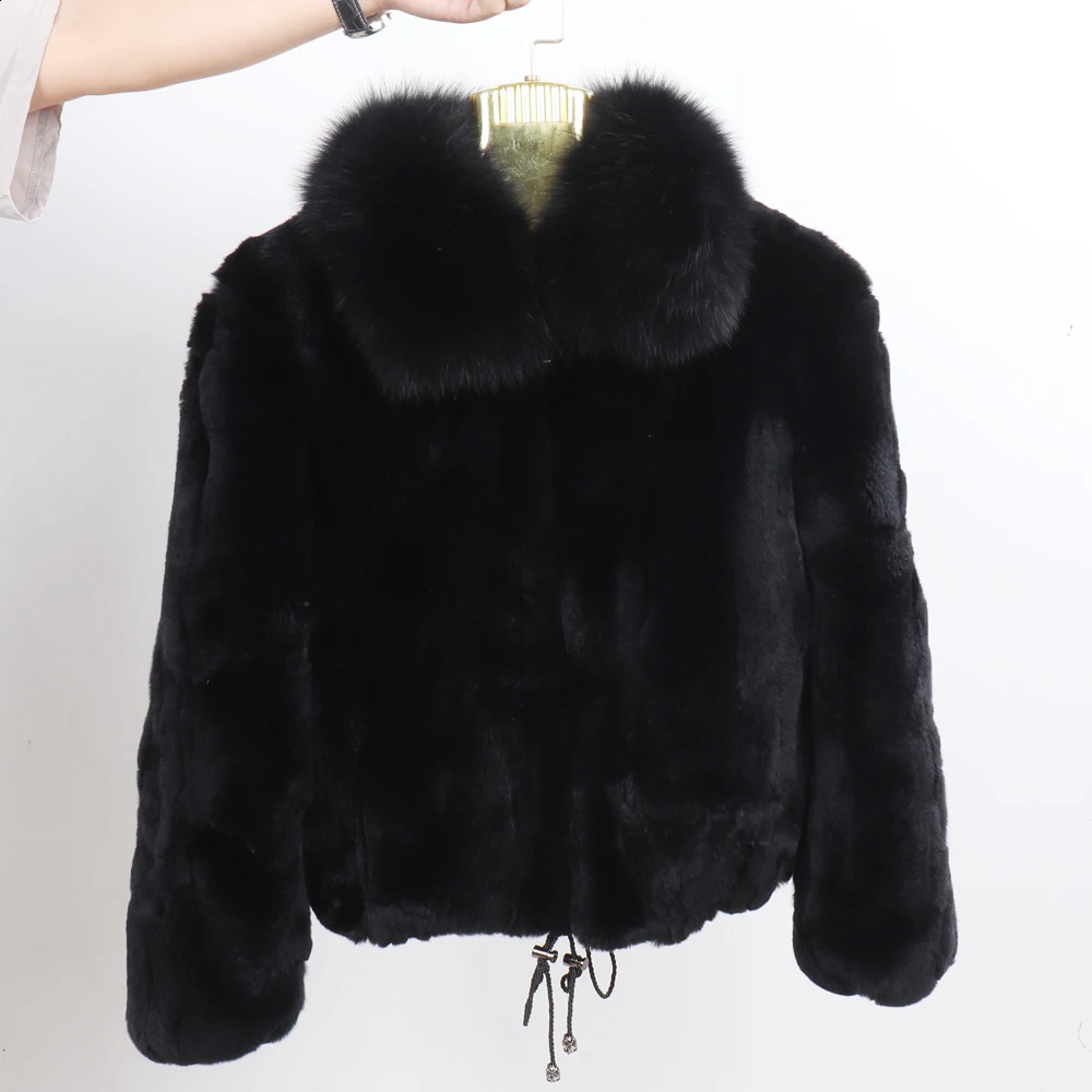 Women Winter Thick Warm Soft Quality Rex Rabbit Fur Coat Rex Rabbit Fur Jacket With Fox Fur Collar Overcoat 251027