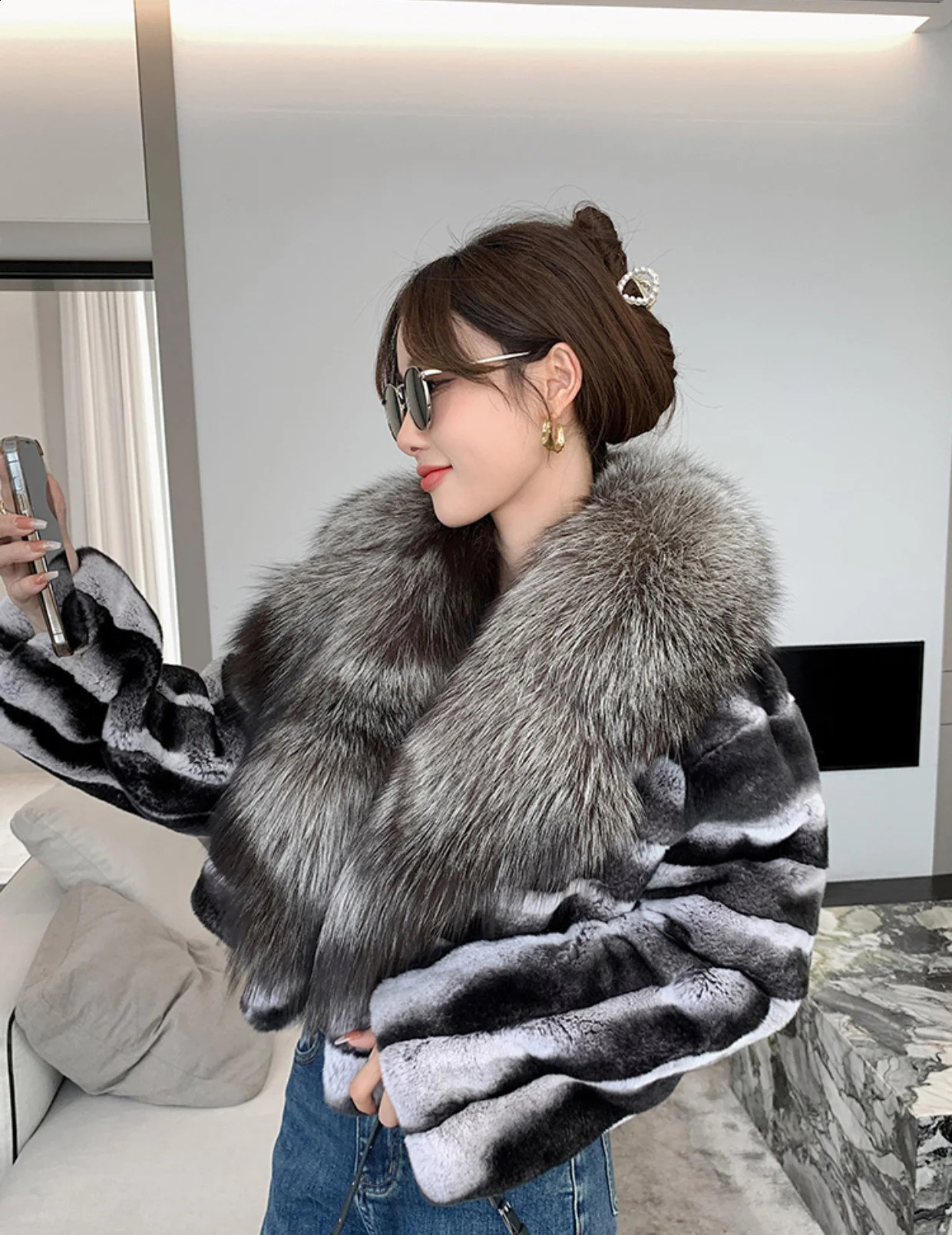 Natural Rex Rabbit Fur Jacket Real Silver Fox Fur Collar Chinchilla Fur Winter Jackets Women Fur coat 251027