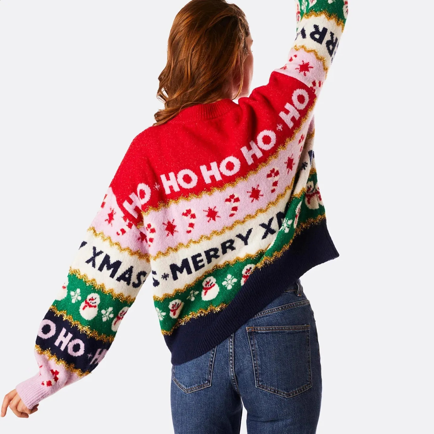 Womens Christmas Knit Sweater Pullovers Winter Fall Long Sleeve Round Neck Letter Snowflake Print Patchwork Knitwear Tops 251027