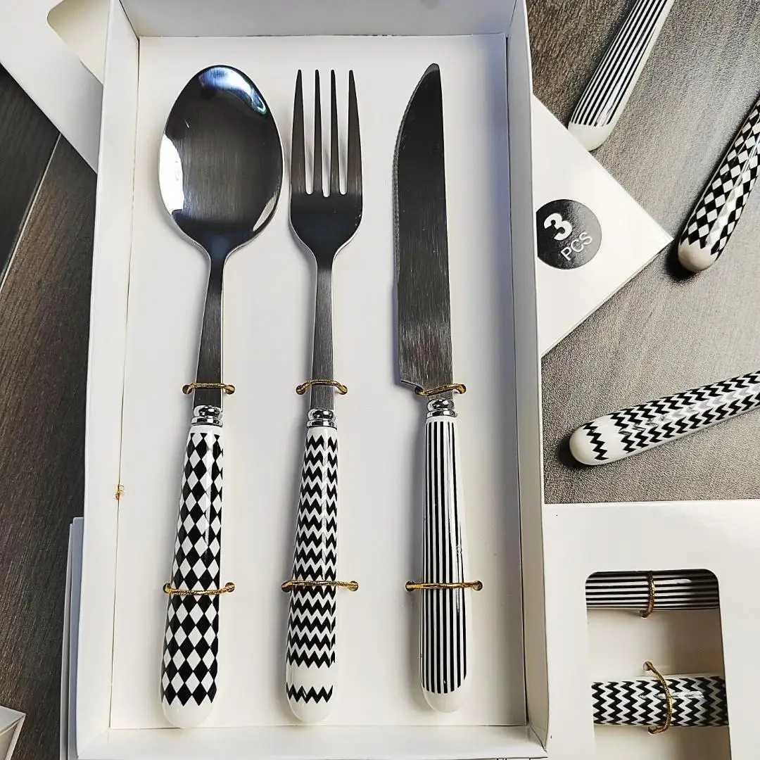 3 pcset christmas Stainless Steel Knife Fork Spoon Checkerboard Ceramic Handle Kitchen Dinnerware Dessert Fork Spoon Tablewares Y251025