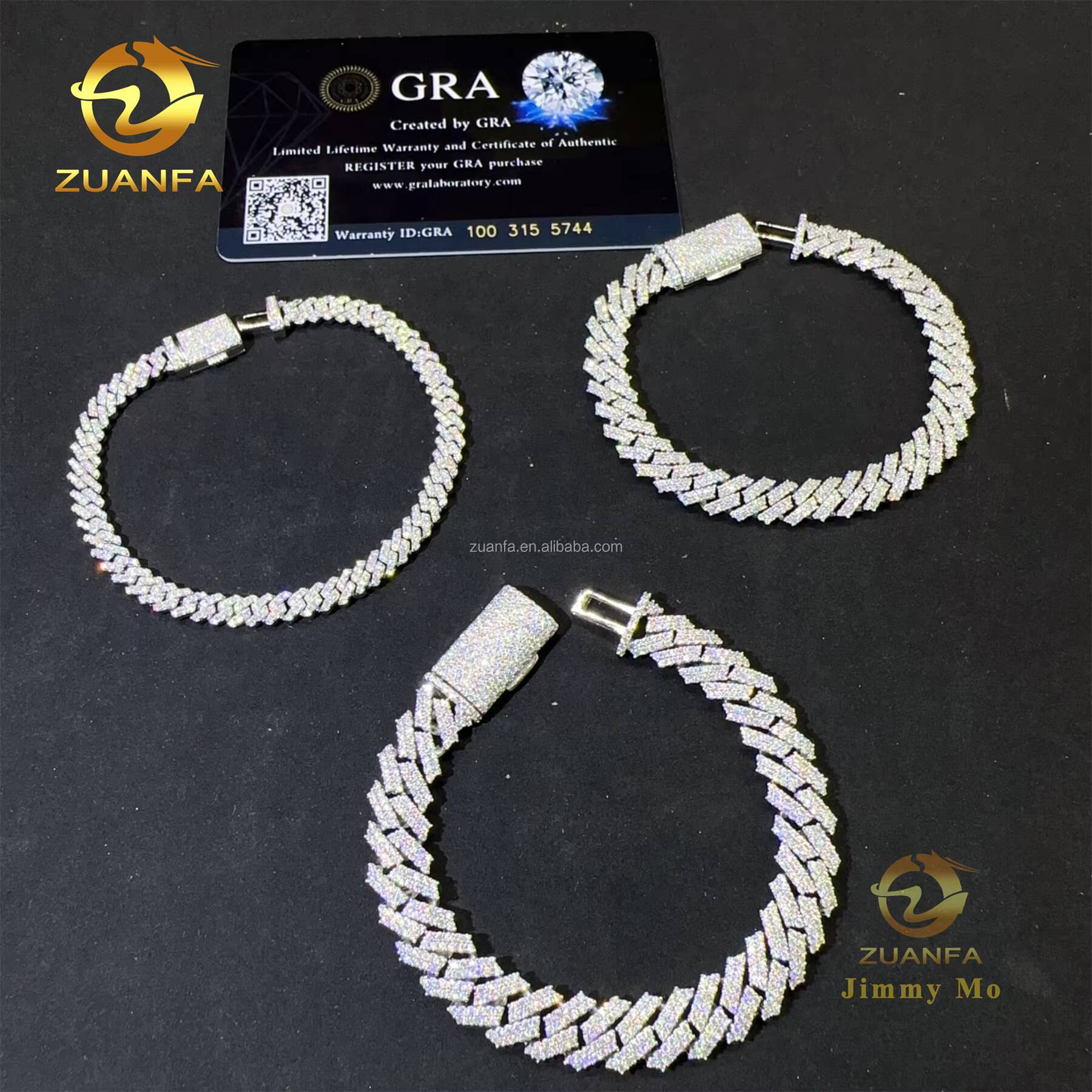 Bulk Stock 5mm 8mm 10mm FL Moissanite Diamond Hip Hop Jewelry 925 Sterling Silver Prong Setting Square Cuban Link Bracelet Men