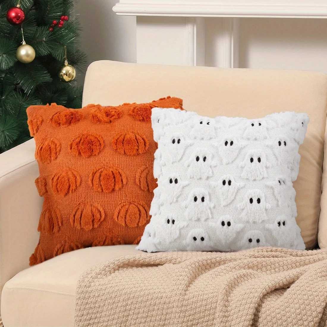 Pillow Case 12pcs Halloween Plush Cover Pumpkin Ghost Pattern Cushion Case Festive Decor for Living Room Bedroom Throw Covers C251028