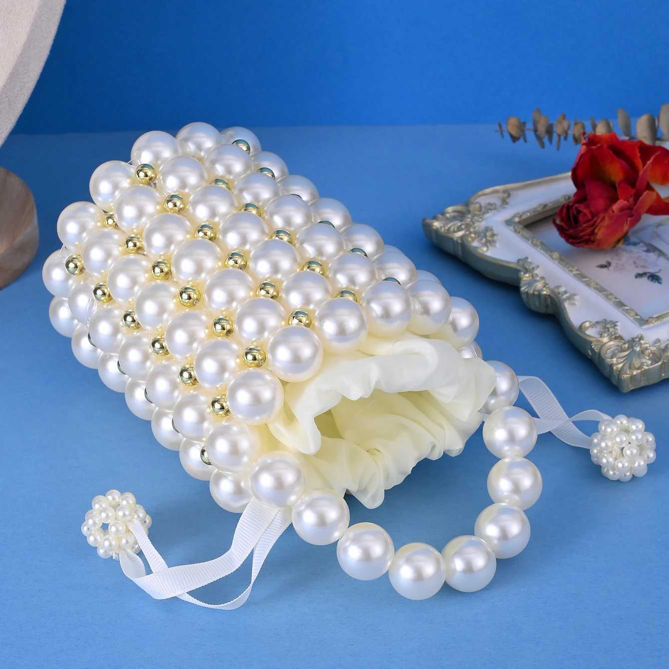 fAshion party women and mini handmade shoulder crossbody bag beaded handbag cluTCh purse pearl bucket bag H251027