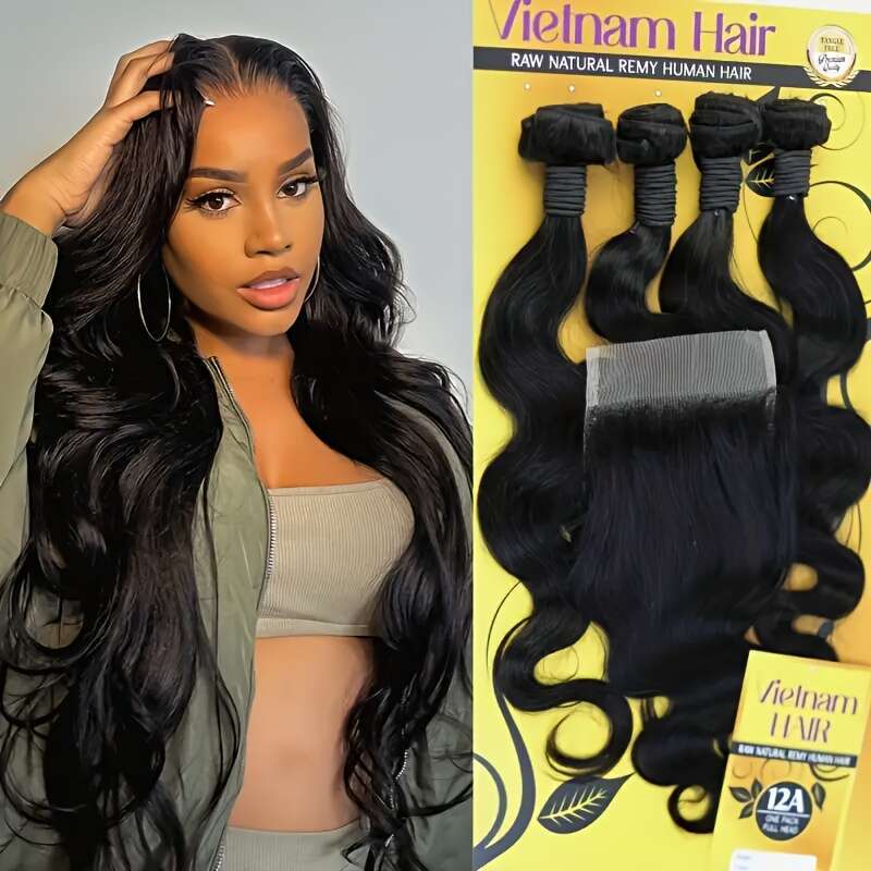4Pcs Body Wave Bundles With 4X4 Lace Closure, Brazilian Human Hair Women, Natural Black Double Hine Weft, Easy To Wear For Daily Styling