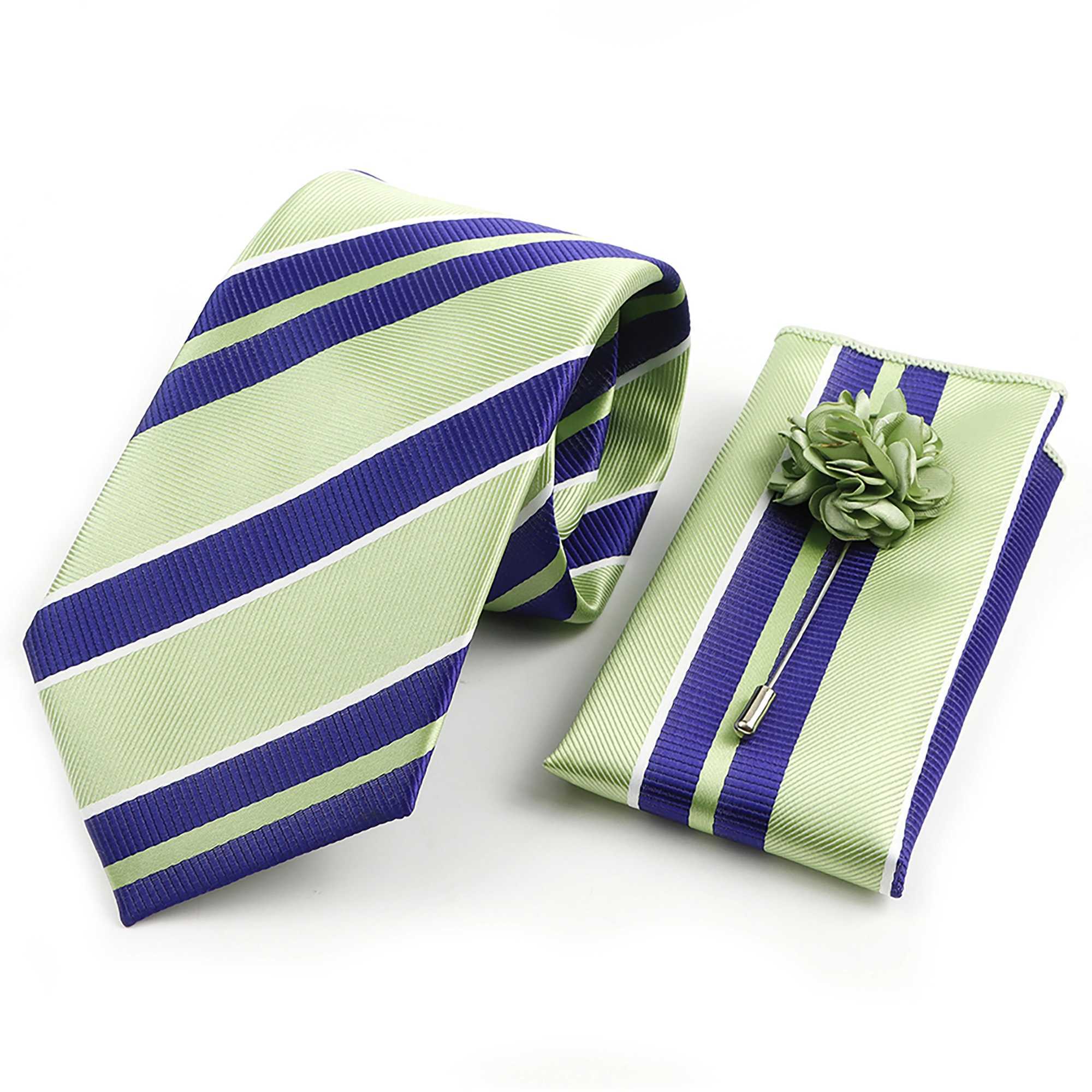 Mens Fashion Striped Tie Hanky Set Floral Brooch Sage Green Red Necktie Set For Men Business Wedding Party Groom Accessory GiftW251028