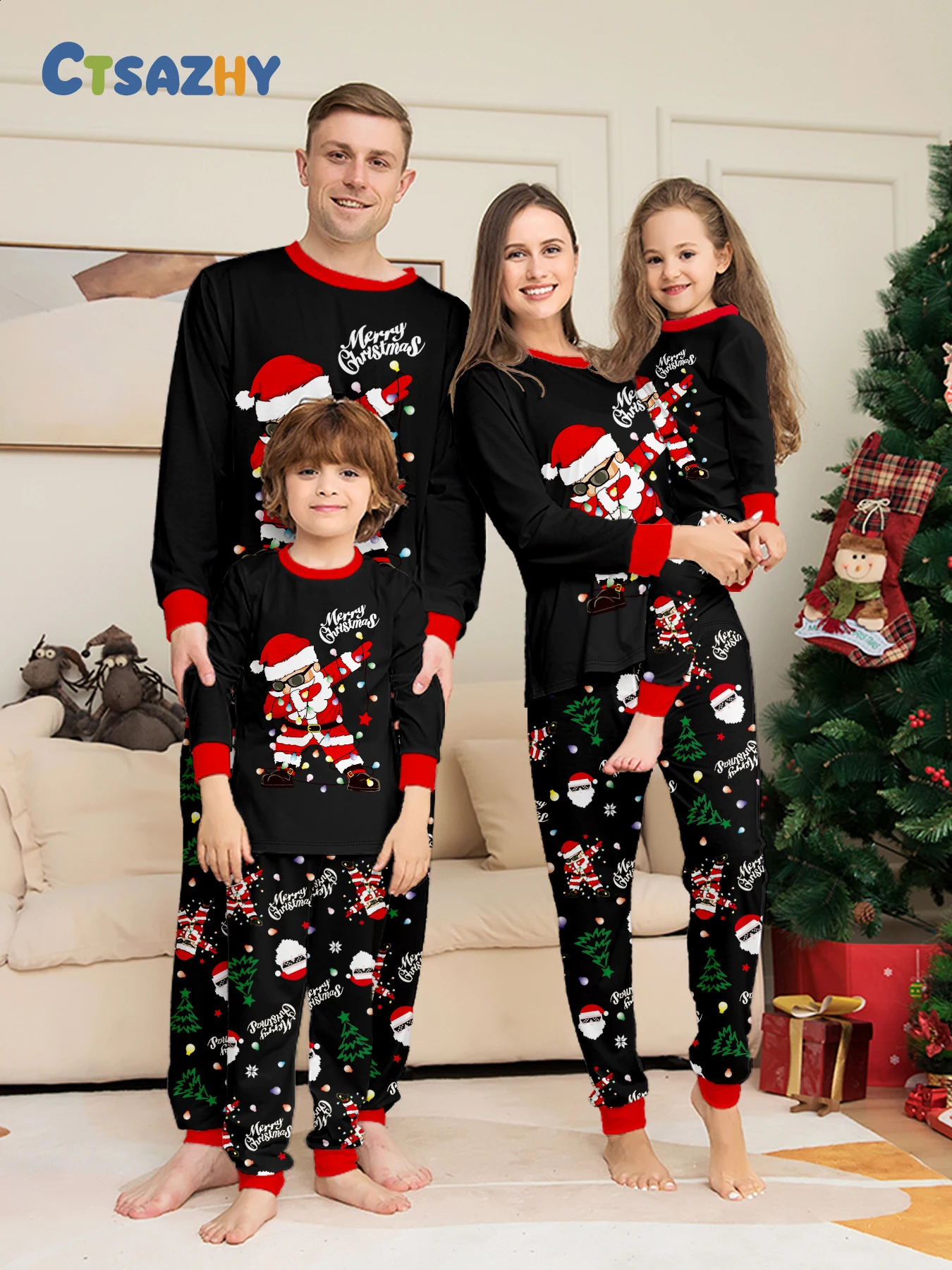 Family Matching Christmas Pajamas Set with Santa Claus Print Festive Xmas Loungewear 251027