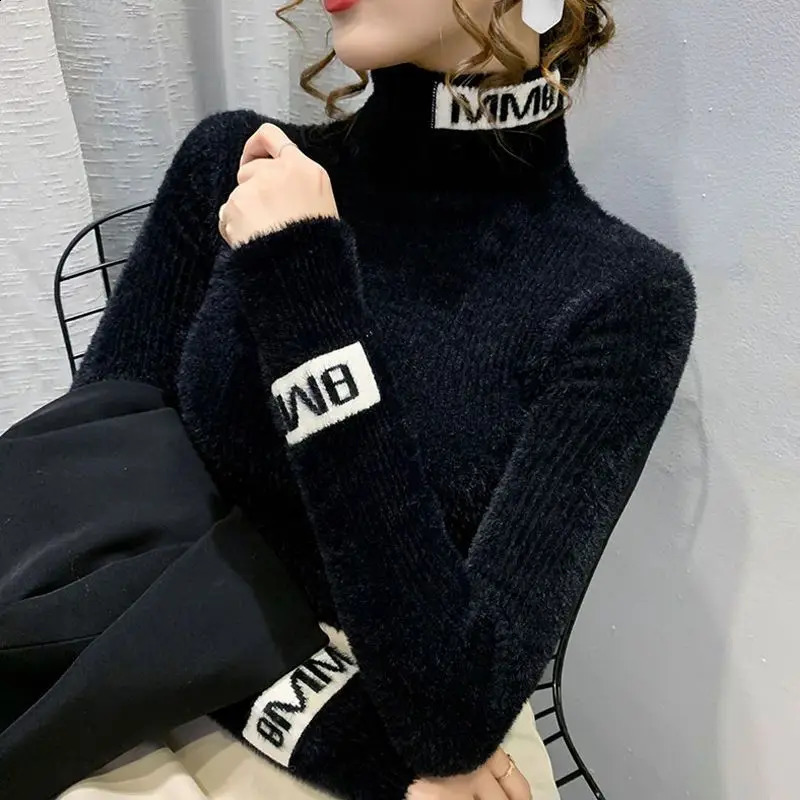 Autumn Winter Letter Printing Sweaters Long Sleeve High Neck Solid Color Slim Youth Pullovers Elegant Fashion Women Clothing 251027