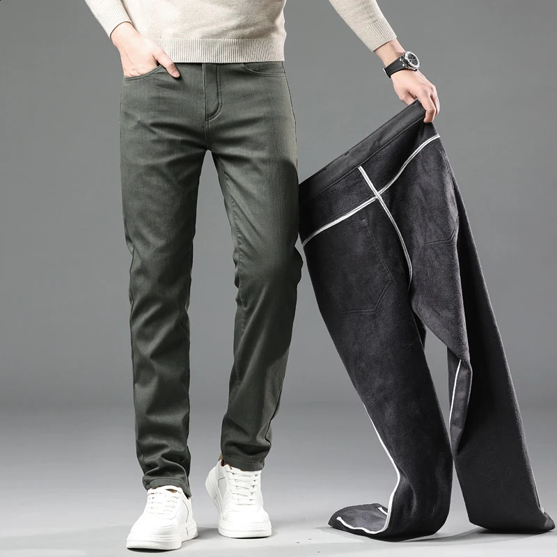 Winter Fleece Pants Mens Thick Slim Elastic Business Casual Velvet Warm Fashion Solid Color Plush Trousers Male 251027