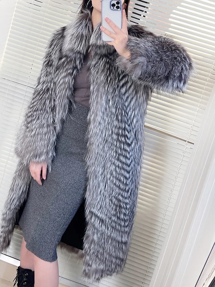 Womens Genuine Sivler Fox Fur Coat Thick Warm Fur Jacket Winter coat 251027