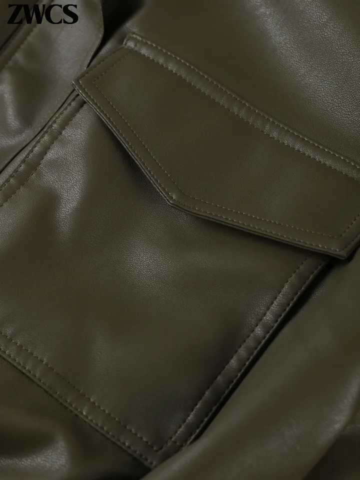 Vintage Zippers Short Leather Jackets Womens Casual Lapel Button Pockets Full Sleeve Coat 2025 Autumn Lady Chic Streetwear 251029