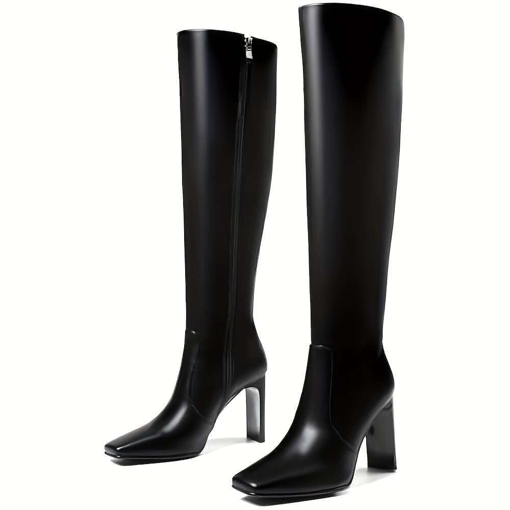 Women's Black Knee-High Combat With Side Zipper Square Toe - Chunky Heel Glossy PU Cover Punk Women, All-Season Versatile Footwear For Dresses & 