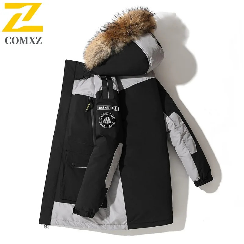 COMXZ Men Mid Length Down Jacket Big Fur Collar Workwear Winter Top Fashion Loose Fit Thermal Cold Proof White Duck Down Coat 251023
