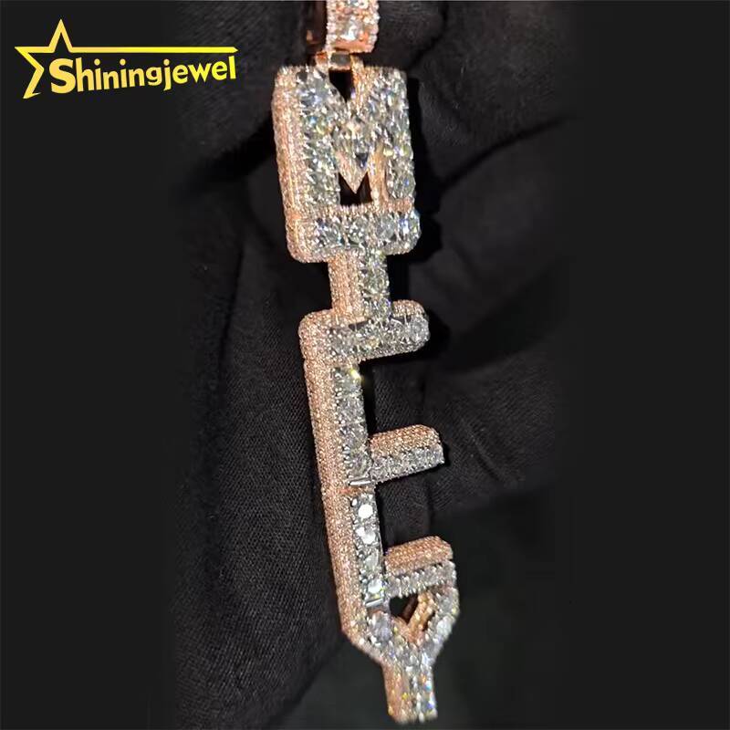 Custom Luxury Iced Out Letter Mosaic Hip Hop Men 925 Sterling Silver Gold Plated Moissanite Name Pendant
