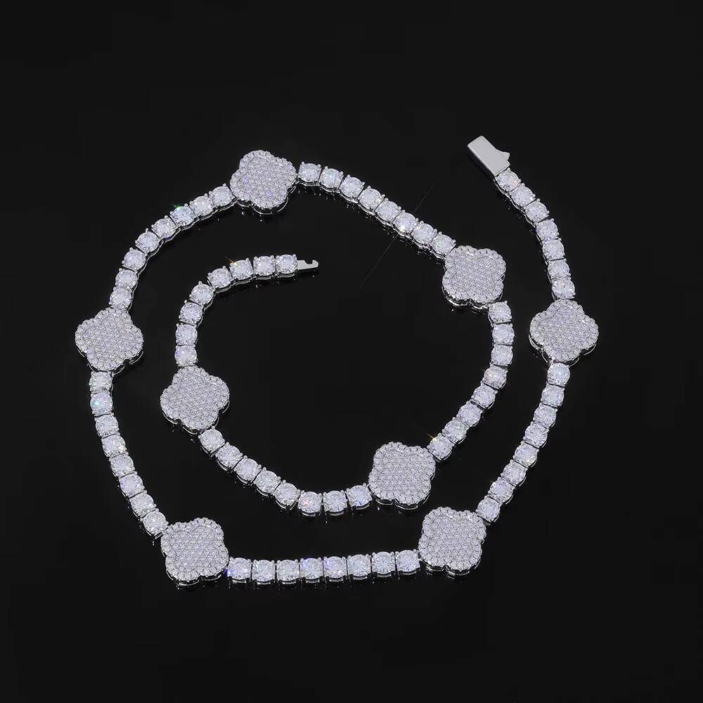 Iced Out FourLeaf Clover Necklace 925 Sterling Silver VVS Moissanite Tennis Chain Women Hip Hop Jewelry Pass Diamond Test