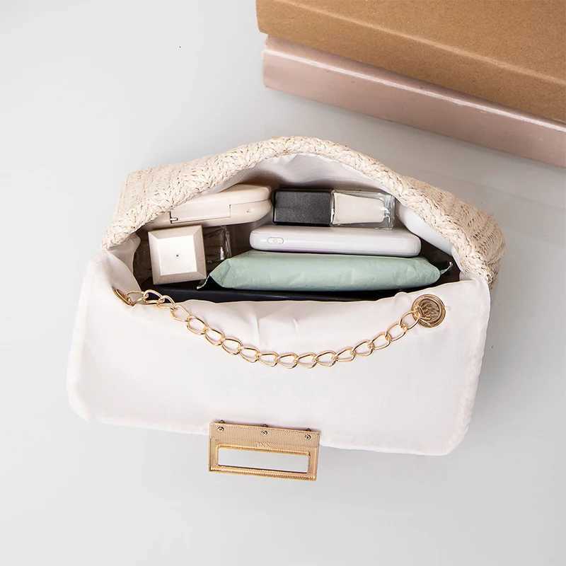Buckle Closure Chain Crossbody Shoulder BagSweet Chic Raffia Woven Women Sling BagSolid Color Lightweight Beach Travel PurseT251028