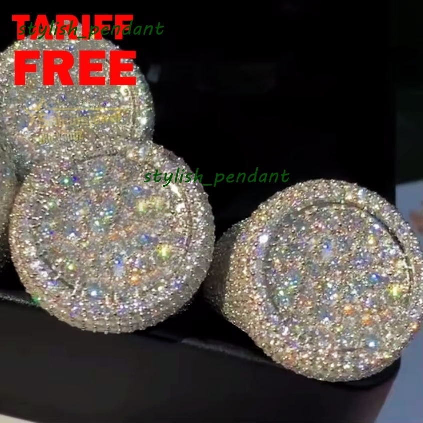 Stock Pass Diamond Tester Hip Hop Jewelry 925 Silver Fully Iced Bubble Edge Round Diamond Moissanite Men Ring