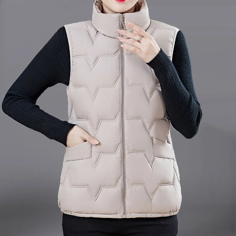 Fashion Women Down Cotton Jackets Vests Solid Stand Collar Zipper Cardigan Thicken Autumn Winter Warm Casual Sleeveless Coats 251027