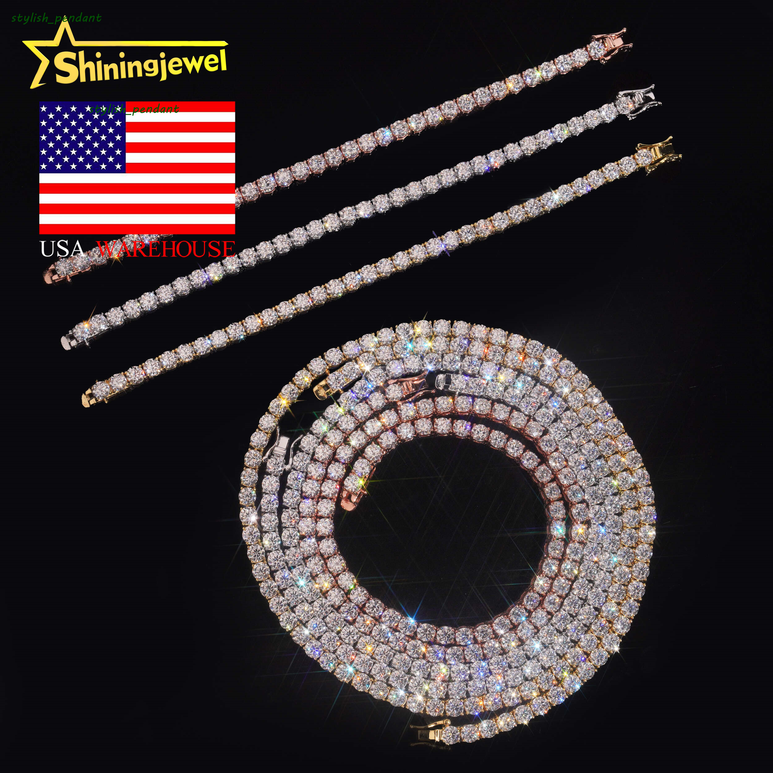 USA Warehouse Iced Out Diamond Bracelet Hip Hop Men 4mm D VVS Moissanite Jewelry 925 Silver Gold Tennis Chain Necklace