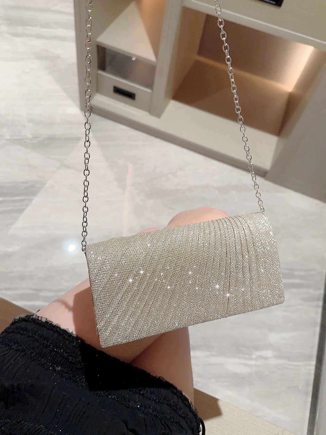 Womens Classic Pleated Design Sparkling Evening Bag Mini Clutch Banquet Bag Dress Bag Party Bag Evening Bag Chain Bag H251027