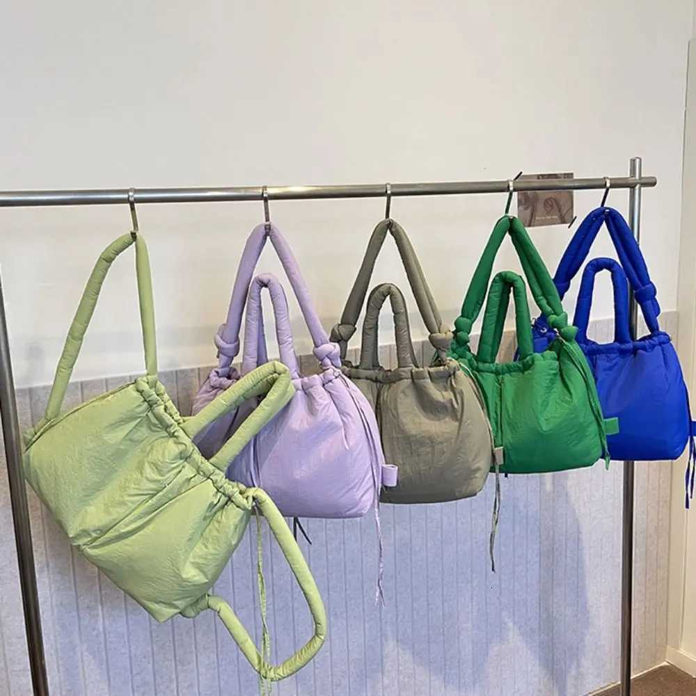 Solid Color Drawstring Tote Bag Quilted Knotted Strap Nylon Padded Tote Bag Large Capacity Dualpurpose Puffer Backpack ShoppingW251028