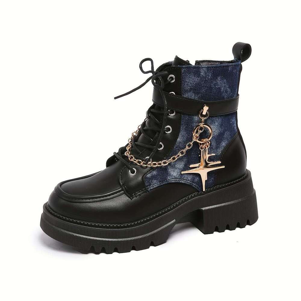 Women's Chunky Ankle Boots With Metallic Chain & Star Accent - Thick Platform Heel, Round Toe, Zipper Closure, Synthetic Cover Upper