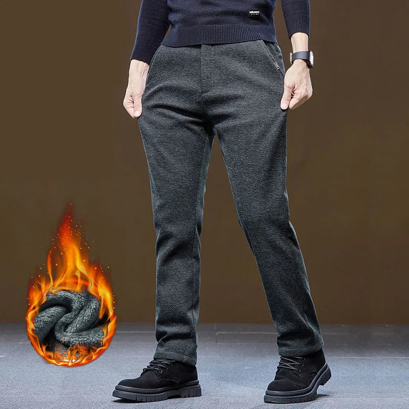 Winter Fleece Thick Casual Pants Mens Business Slim Fit Versatile Classic Trousers Medium Elasticity Formal Wear Wash 251027