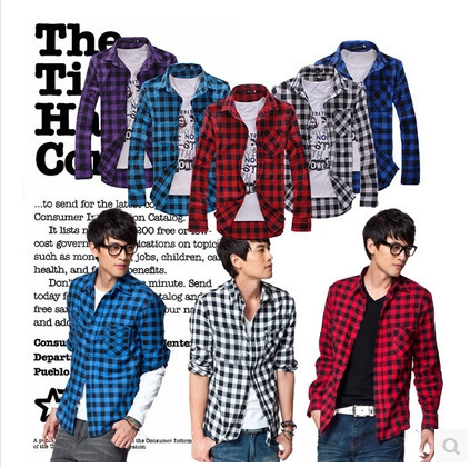 Wrinkle-Free Plaid Men's Slim Fit Long Sleeve Shirt Plaid Shirt