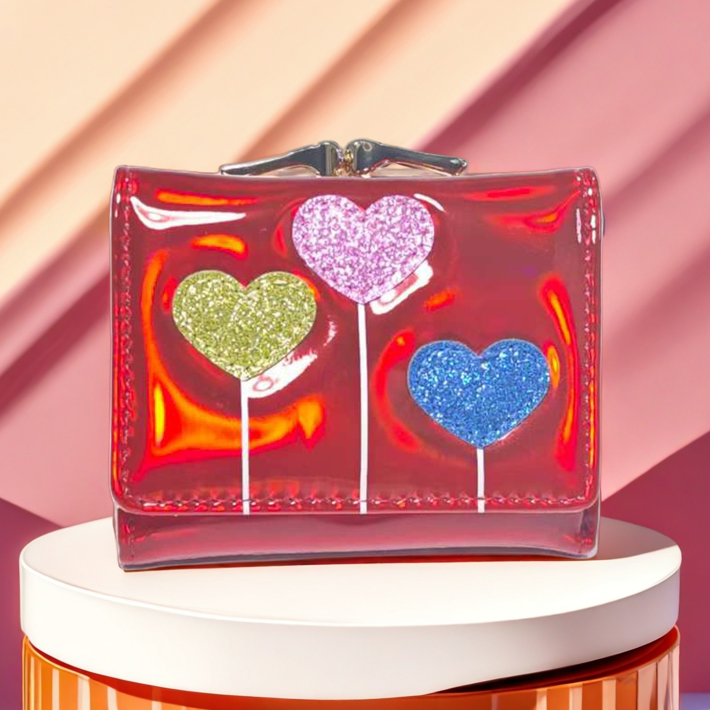 Kids' Holographic Glitter Heart Wallet - Iridescent Clear Mini Purse with Kiss-lock, Cute Colorful Heart Design for Girls, Trendy Small Wallet fo