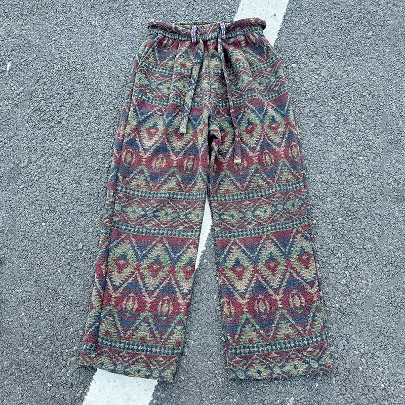 Hippie Pattern Knitted Slacks Mens Autumn Winter Straight Baggy Pants Plaid Wide Leg Vintage Distressed Trousers 251027