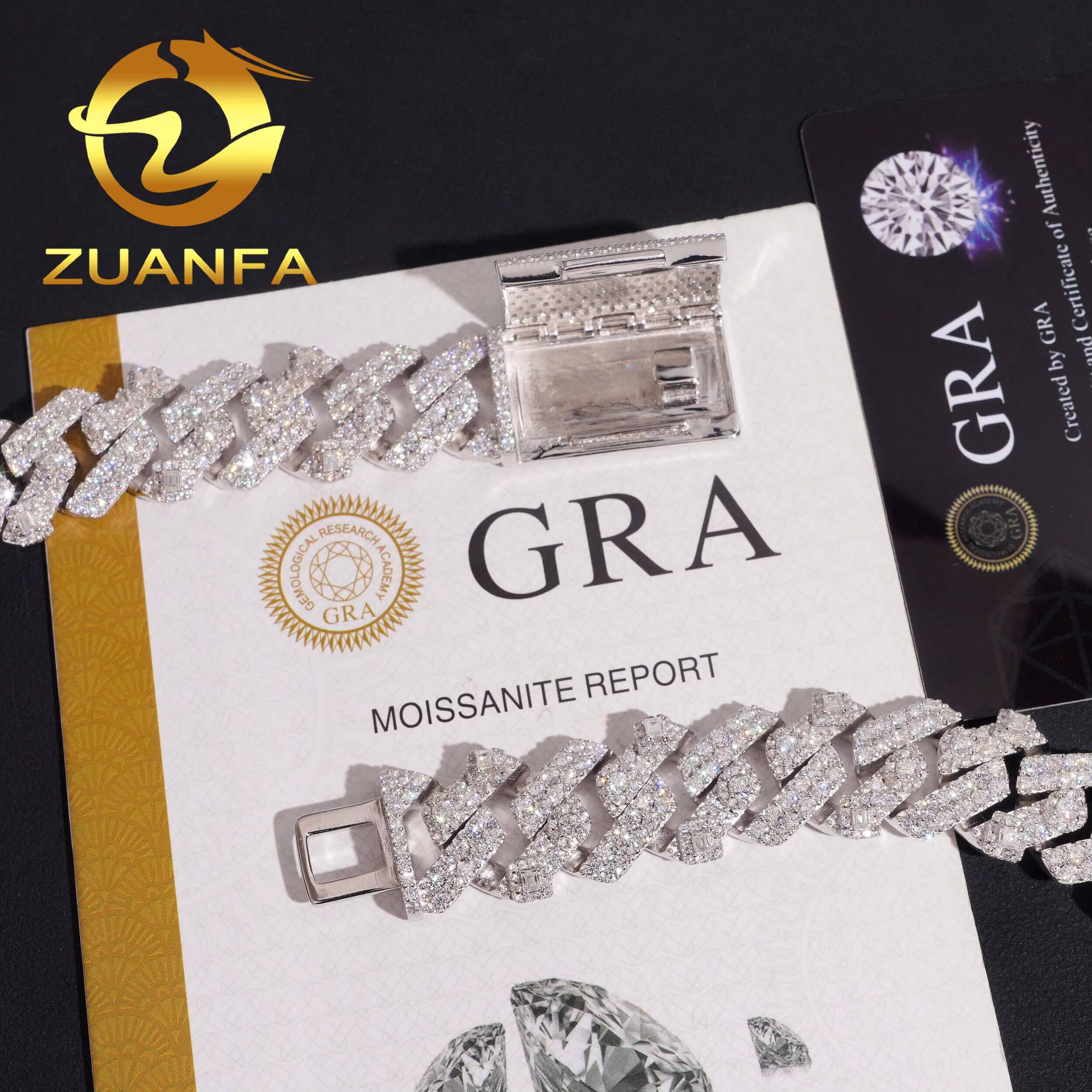 Emerald Cut Moissanite Pass Diamond Test Cuban Chain Gold Plated 925 Sterling Silver Hip Hop Iced Out18mm 2row Cuban Link Chain