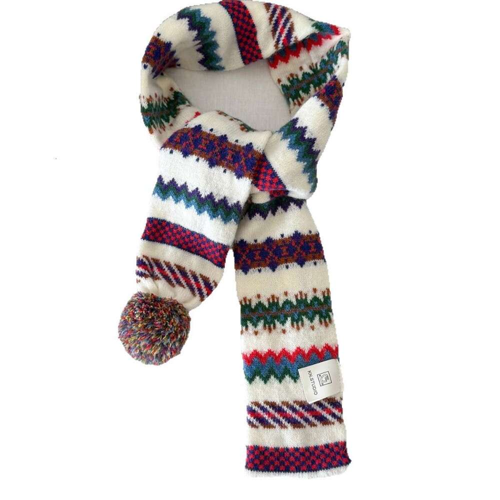 Vintage Dreamy Purple Retro Striped Pom-Pom Scarf Short Autumn Winter Warm Neck Warmer for Women Jacquard