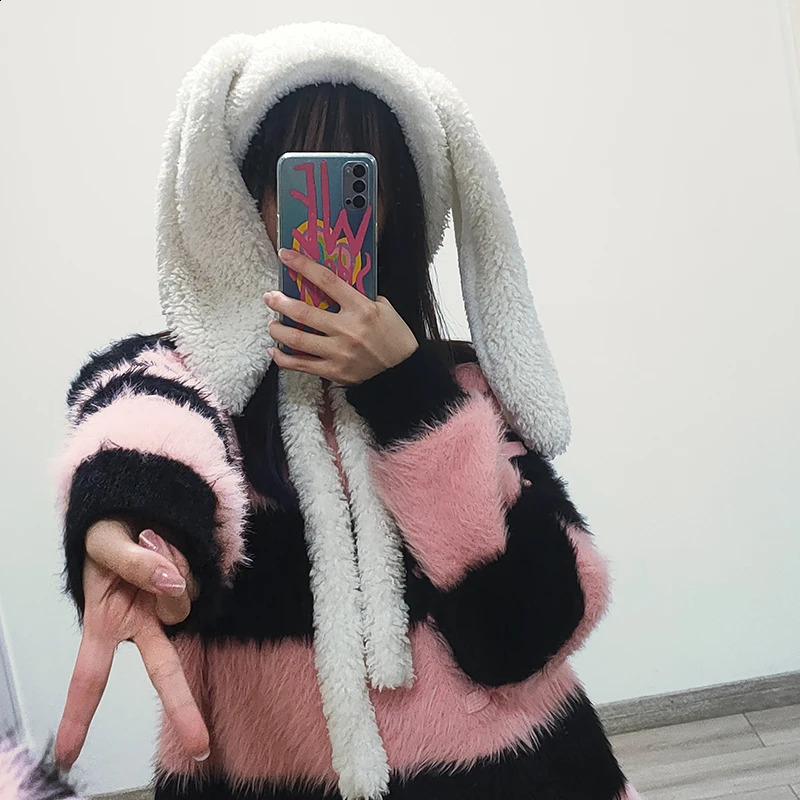 Japanese Loppy Bunny Eared Rabbit Cap Lolita Girl Earmuffs Cap Sweet Cute Rabbit Ears Plush Warm Winter Fleece Hats 251027