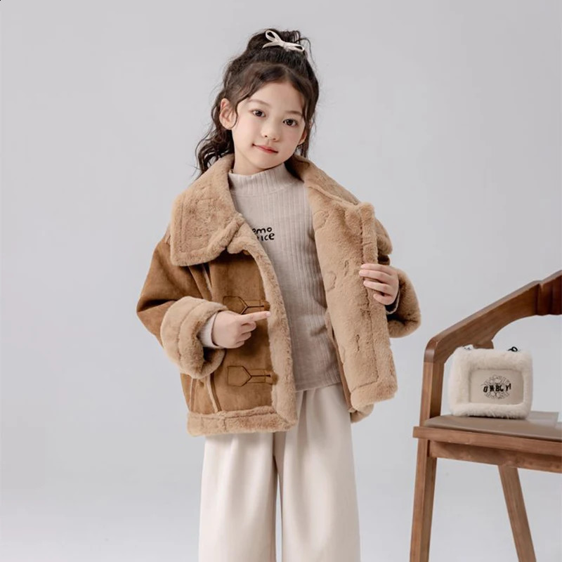 Fashion Teen Girls Lambswool Jackets 2025 Winter Kids Vintage Loose Thickened Deer Skin Velvet Fur Coats Childrens Clothing 251027