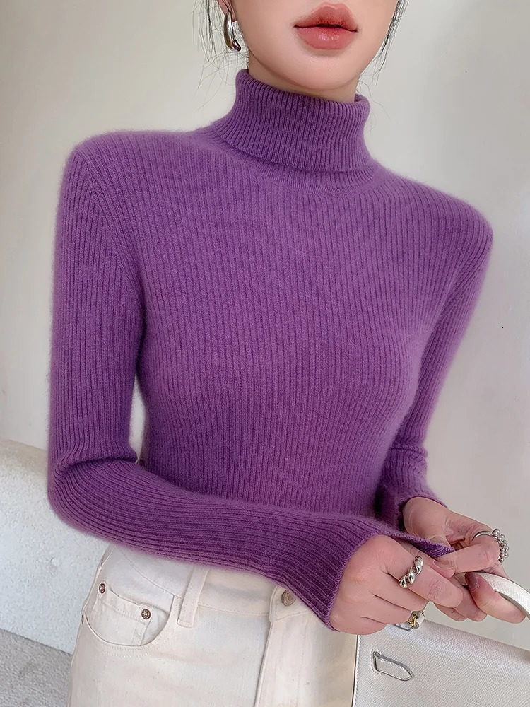 Womens High Neck Knitted Sweater Korean Version Slim Long Sleeve Solid Simple Basic Style Knit Pullover Top Autumn 251027