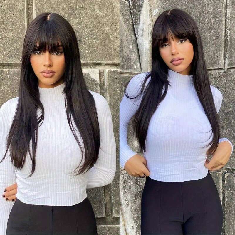Wig Hairy Straight With Bangs None Lace Front For Women Unprocessed Brazilian Human Hair Hine Made Glueless Wigs 180% Density